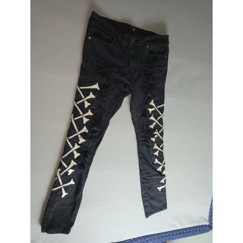Focus Jeans Black Distressed Skinny Bone Patch Punk Streetwear Mens 32x32